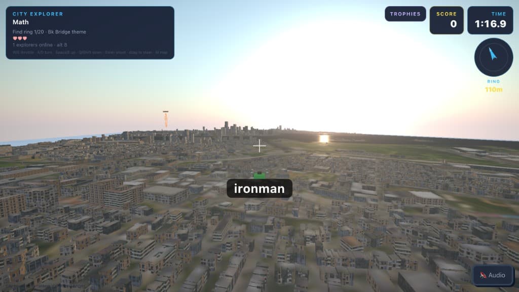 Skyline gameplay, flying a drone over New York toward a checkpoint ring