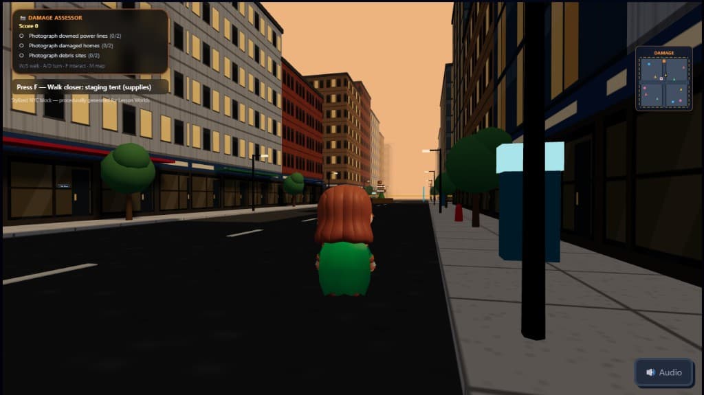 GeoRescue gameplay, walking streets with mission objectives and minimap